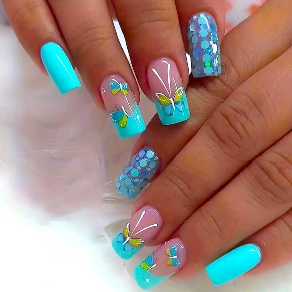 Nails Butterflies Fake Press On 24 Sexy Blue Stylish Glam Reusable Trendy Pretty